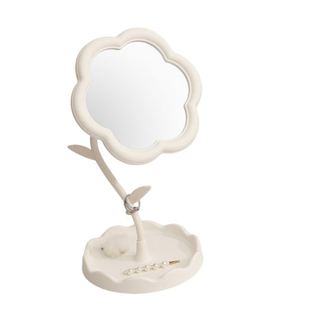 Oglindă de Machiaj pentru Birou, Vivimall, Rotativă, Detasabilă, Model de Floarea Soarelui, Suport pentru Inele, cu Depozitare, Alba - vivimall.ro