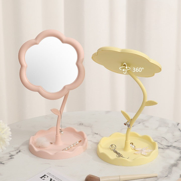 Oglindă de Machiaj pentru Birou, Flippy, Rotativă, Detasabilă, Model de Floarea Soarelui, Suport pentru Inele, cu Depozitare, Galbena