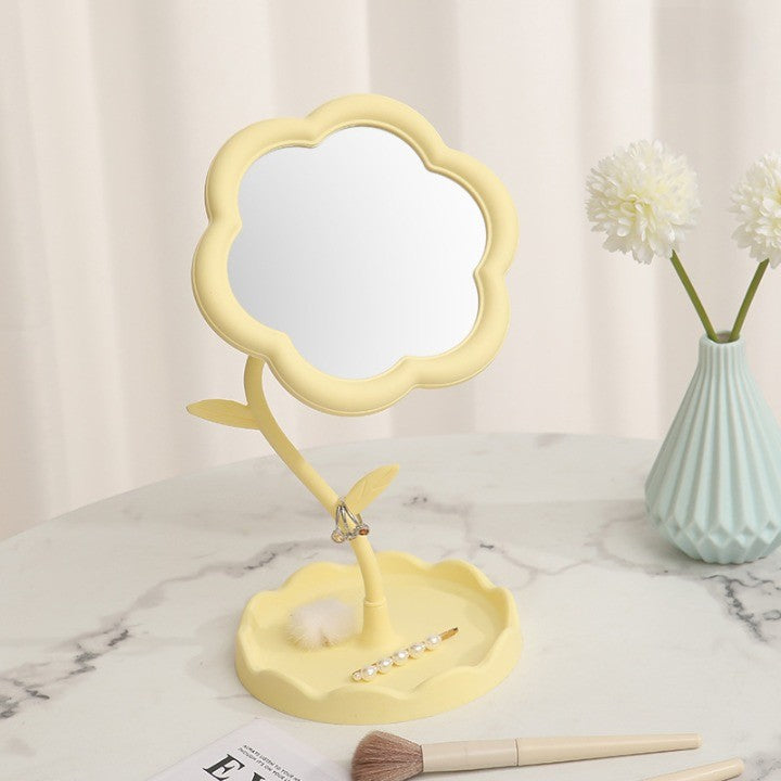 Oglindă de Machiaj pentru Birou, Flippy, Rotativă, Detasabilă, Model de Floarea Soarelui, Suport pentru Inele, cu Depozitare, Galbena