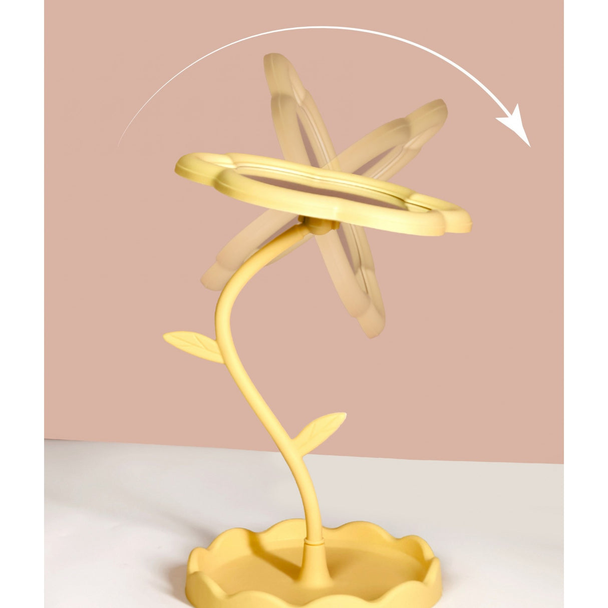 Oglindă de Machiaj pentru Birou, Flippy, Rotativă, Detasabilă, Model de Floarea Soarelui, Suport pentru Inele, cu Depozitare, Galbena