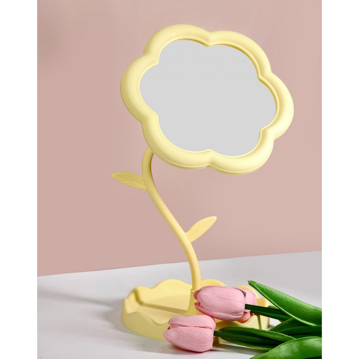 Oglindă de Machiaj pentru Birou, Flippy, Rotativă, Detasabilă, Model de Floarea Soarelui, Suport pentru Inele, cu Depozitare, Galbena