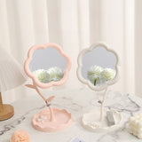 Oglindă de Machiaj pentru Birou, Vivimall, Rotativă, Detasabilă, Model de Floarea Soarelui, Suport pentru Inele, cu Depozitare, Roz - vivimall.ro