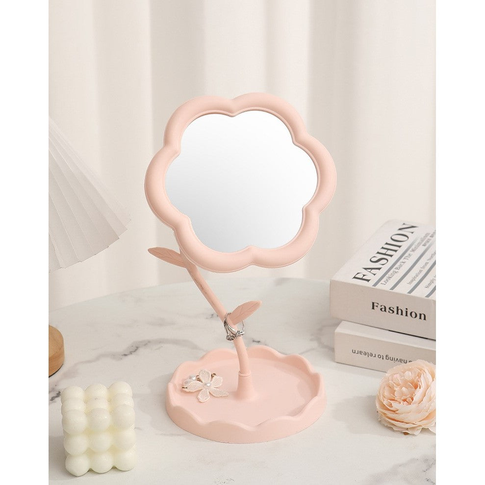 Oglinda De Machiaj Pentru Birou, Rotativa, Detasabila, Model De Floarea Soarelui, Suport Pentru Inele, Cu Depozitare, Roz - vivimall.ro
