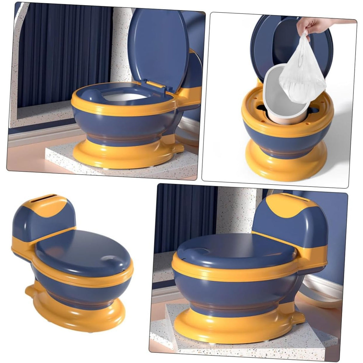 Olita Bebelusi, Vivimall, pentru Copii 1 - 8 Ani, Model Toaleta Adulti, Colac Moale PVC, Compartiment Detasabil, Cutie Depozitare Hartie, 34 x 32 x 19 cm, Albastru/Portocaliu - vivimall.ro