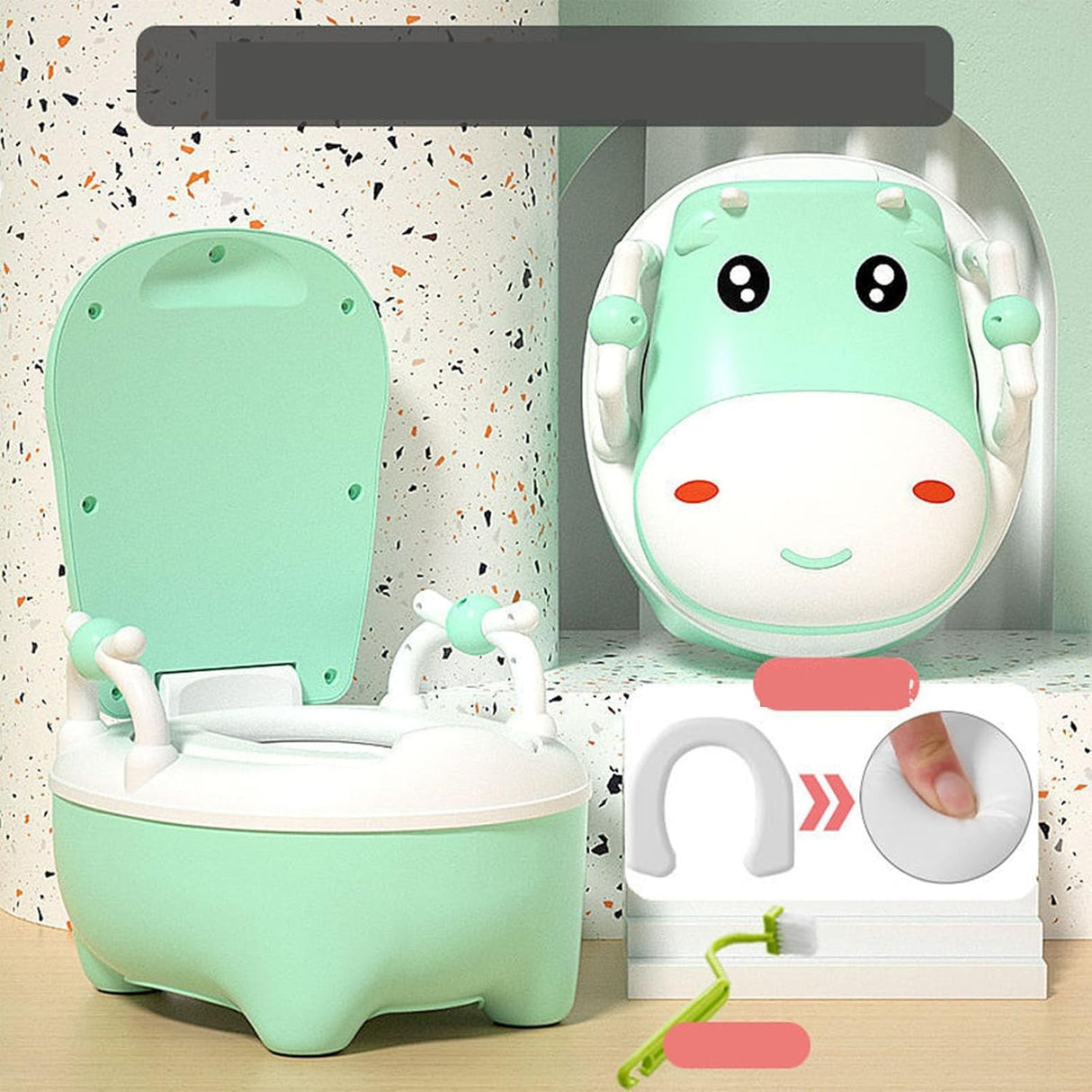 Olita Pentru Copii, +1An, Portabila, Design Vacuta Cu Capac, Model Prietenos, Non-Toxic, Cu Manere, Compartiment Detasabil, Perie Inclusa, Usor De Curatat - vivimall.ro