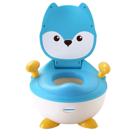 Olita pentru Copii, Vivimall, +6 luni, Compartiment Detasabil, cu Capac, Antiderapanta, din Plastic, Colac Moale, Model Animat Vulpe, cu Maner, 34.5 x 35 x 23 cm, Albastru/Alb - vivimall.ro