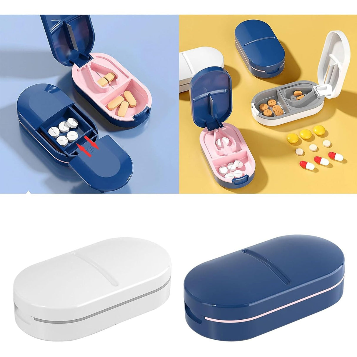 Organizator Medicamente, Dispozitiv Taiere/Sfaramare Pastile, Ideala Pentru Calatorii, Portabila, Perie Pentru Curatare, Compartiment Depozitare,