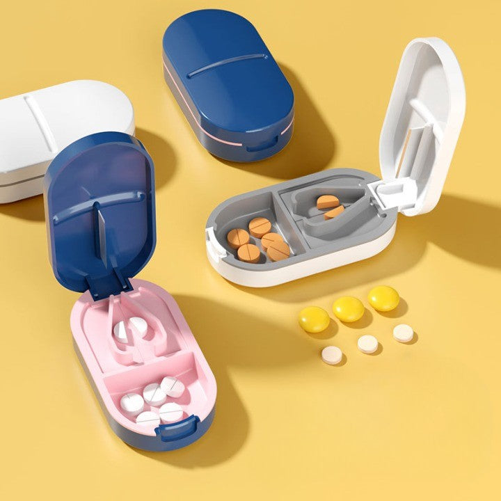 Organizator Medicamente, Dispozitiv Taiere/Sfaramare Pastile, Ideala Pentru Calatorii, Portabila, Perie Pentru Curatare, Compartiment Depozitare,