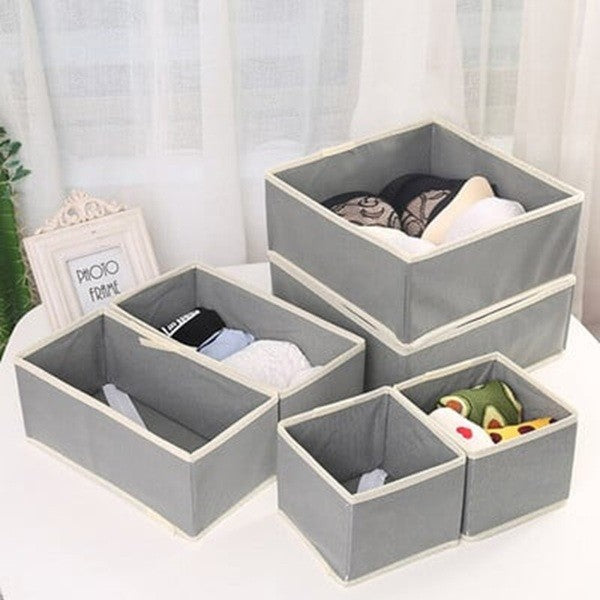 Organizator pentru Sertar, Vivimall, 3 Marimi, pentru Lenjerie, Tricouri, Sosete, 6 Piese, Pliabil, Stivuibil, din Tesatura, Gri/Alb - vivimall.ro