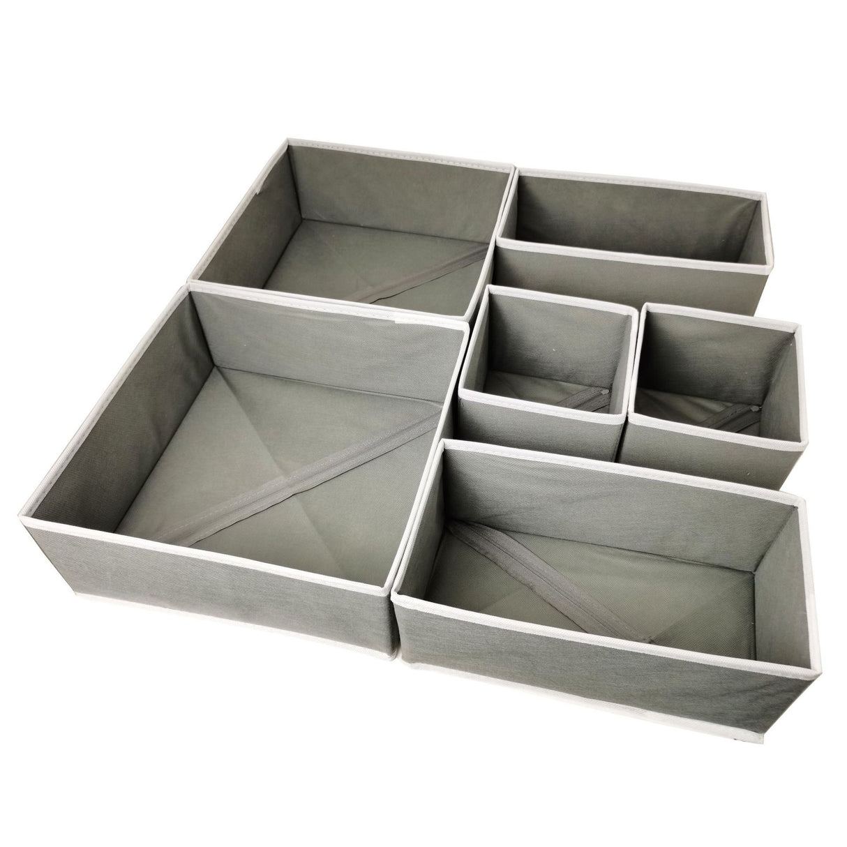 Organizator pentru Sertar, Vivimall, 3 Marimi, pentru Lenjerie, Tricouri, Sosete, 6 Piese, Pliabil, Stivuibil, din Tesatura, Gri/Alb - vivimall.ro