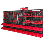 Organizator Scule Perete, Flippy, set 96 Piese, Panou Modular Multifunctional, Cutii pentru Suruburi si Piese mici, Rafturi, Suporturi si Carlige, Sistem Depozitare Unelte pentru Garaj/Atelier,172.8 X 78 cm, Negru/Rosu - vivimall.ro