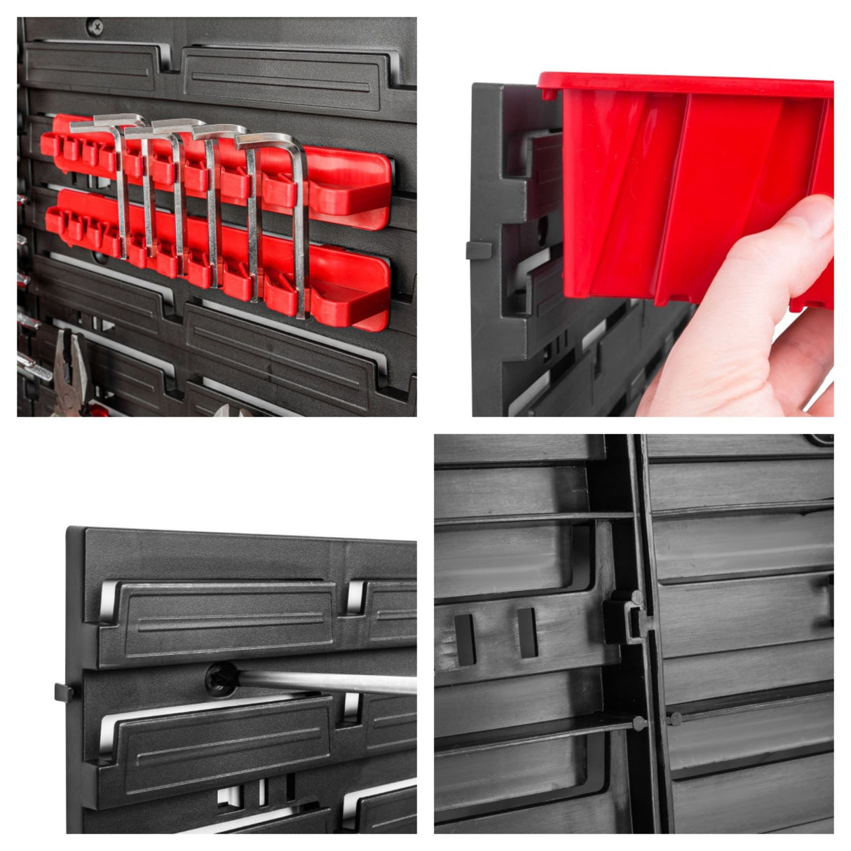 Organizator Scule Perete, Flippy, set 96 Piese, Panou Modular Multifunctional, Cutii pentru Suruburi si Piese mici, Rafturi, Suporturi si Carlige, Sistem Depozitare Unelte pentru Garaj/Atelier,172.8 X 78 cm, Negru/Rosu - vivimall.ro