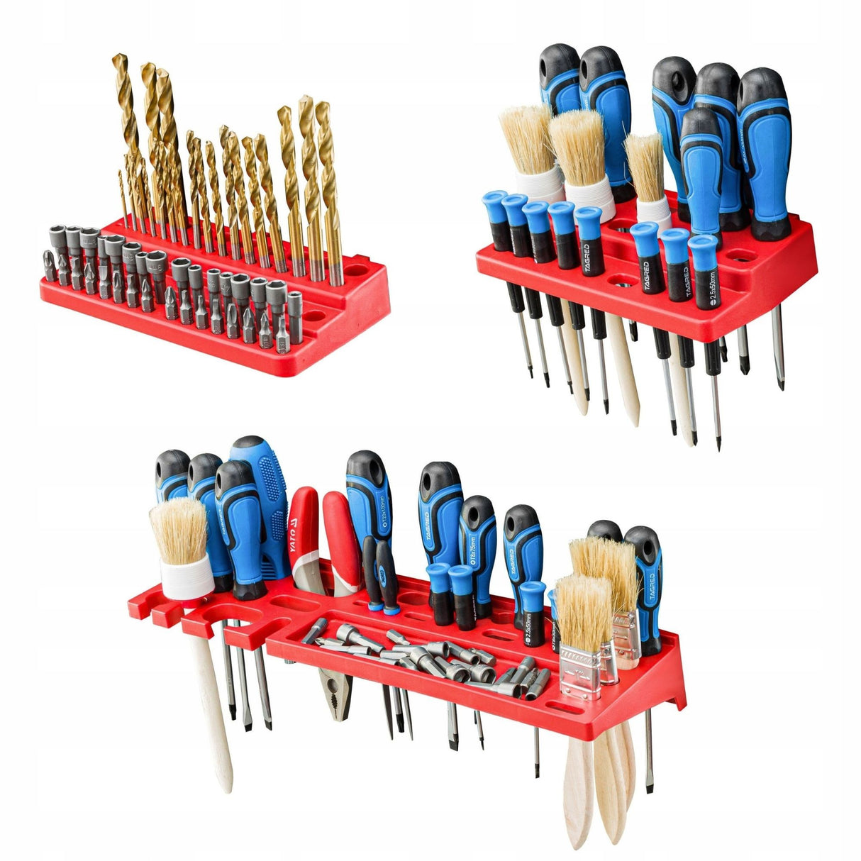 Organizator Scule Perete, Flippy, set 96 Piese, Panou Modular Multifunctional, Cutii pentru Suruburi si Piese mici, Rafturi, Suporturi si Carlige, Sistem Depozitare Unelte pentru Garaj/Atelier,172.8 X 78 cm, Negru/Rosu - vivimall.ro