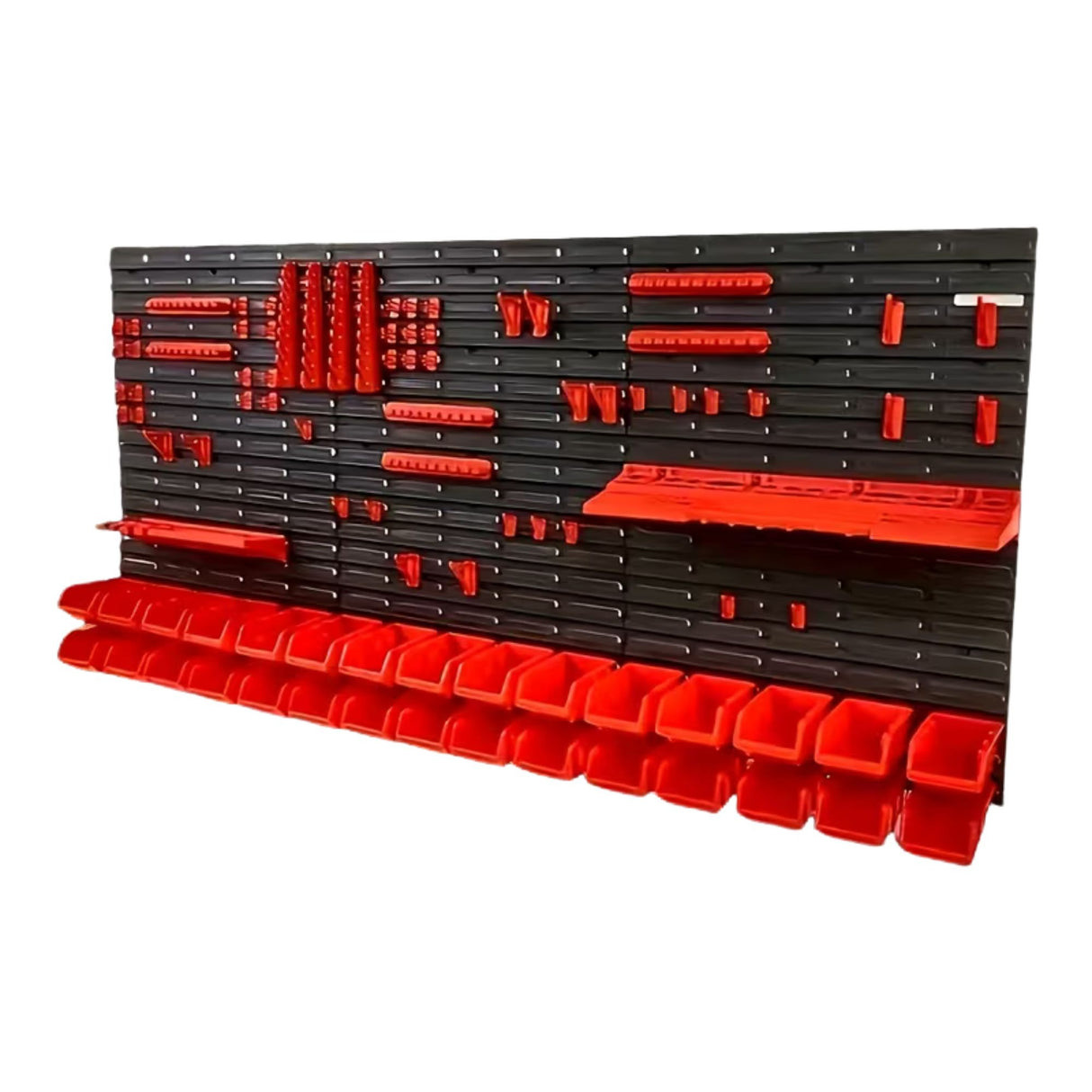 Organizator Scule Perete, Flippy, set 96 Piese, Panou Modular Multifunctional, Cutii pentru Suruburi si Piese mici, Rafturi, Suporturi si Carlige, Sistem Depozitare Unelte pentru Garaj/Atelier,172.8 X 78 cm, Negru/Rosu - vivimall.ro