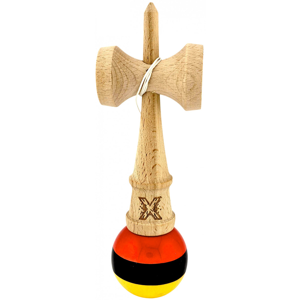 Kendama X Originala, Profesionala, Vivimall, Super, Sticky din Lemn, 18 cm, Rosu/Negru/Galben - vivimall.ro