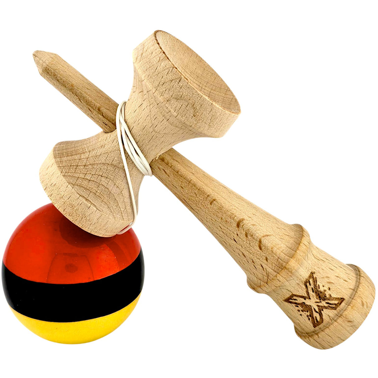 Kendama X Originala, Profesionala, Flippy, Super, Sticky din Lemn, 18 cm, Rosu/Negru/Galben - vivimall.ro