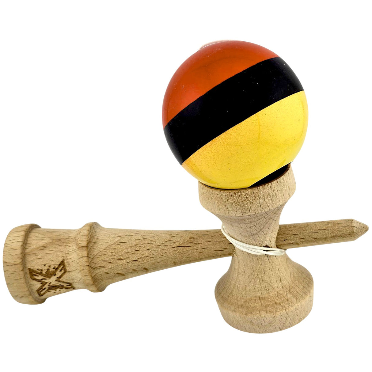 Kendama X Originala, Profesionala, Flippy, Super, Sticky din Lemn, 18 cm, Rosu/Negru/Galben - vivimall.ro