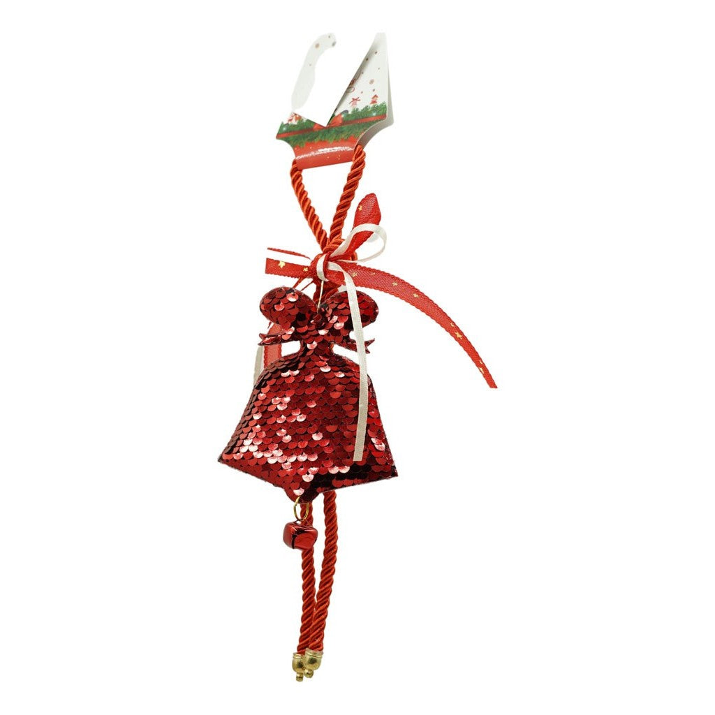 Ornament de brad clopotel cu paiete, Vivimall, rosu, lemn, 25 cm - vivimall.ro