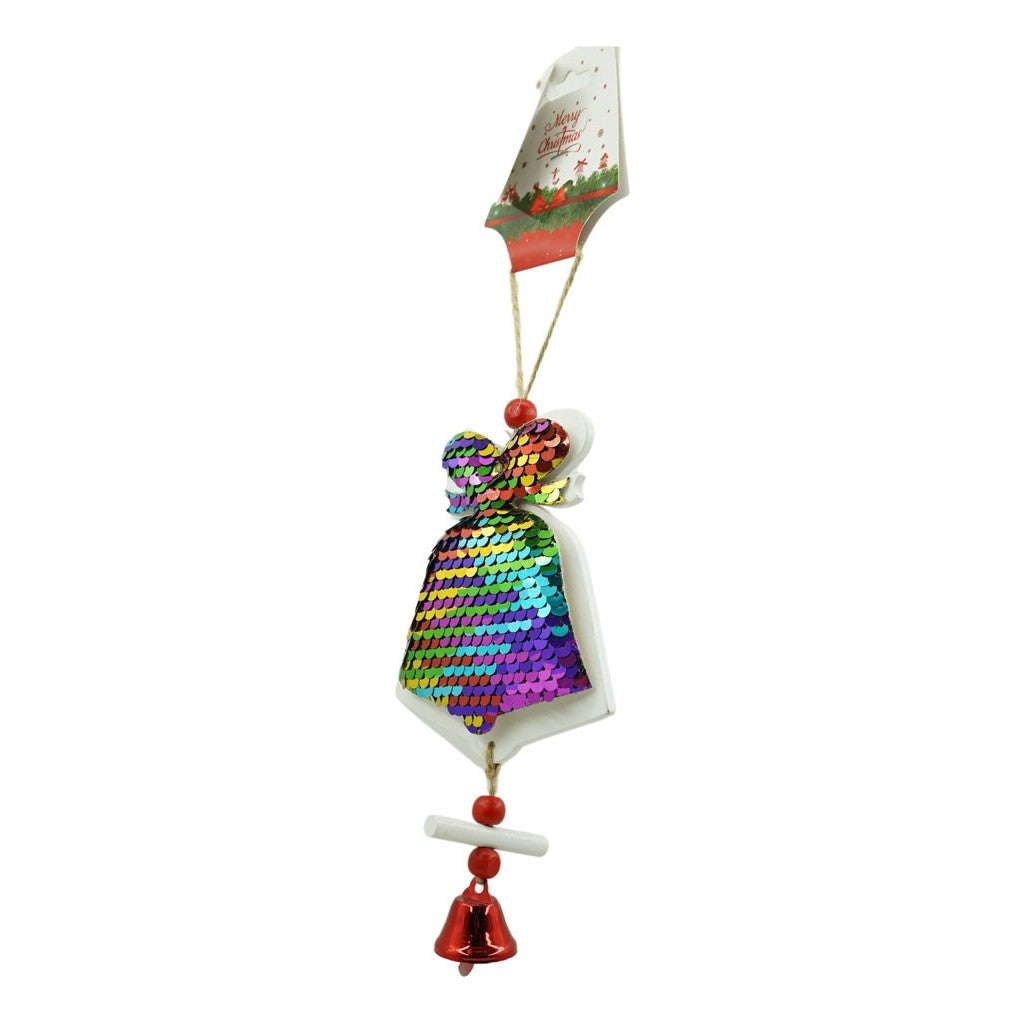 Ornament de brad clopotel din paiete, Vivimall, multicolor, lemn, 18 cm - vivimall.ro
