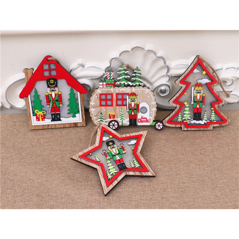 Ornament de Brad, Flippy, cu Lumini LED, din Lemn, Figurina Spargatorul de Nuci, Model Casuta, Multicolor - vivimall.ro