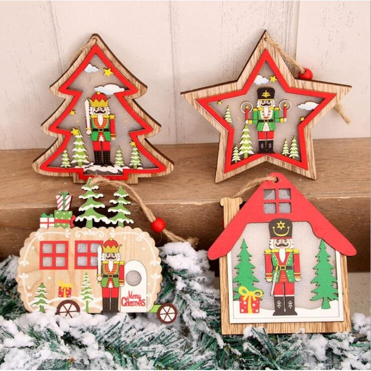 Ornament de Brad, Flippy, cu Lumini LED, din Lemn, Figurina Spargatorul de Nuci, Model Masina, Multicolor - vivimall.ro