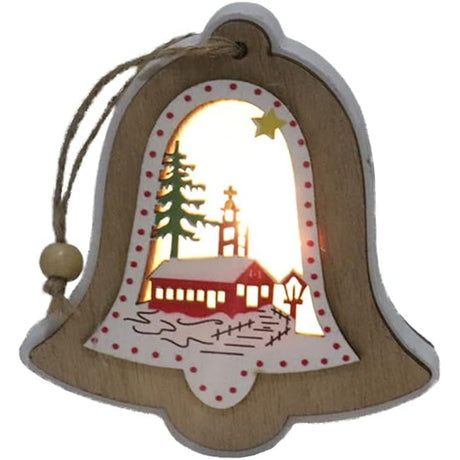 Ornament de Brad, Flippy, cu Lumini LED, din Lemn, Model Clopot, Multicolor - vivimall.ro