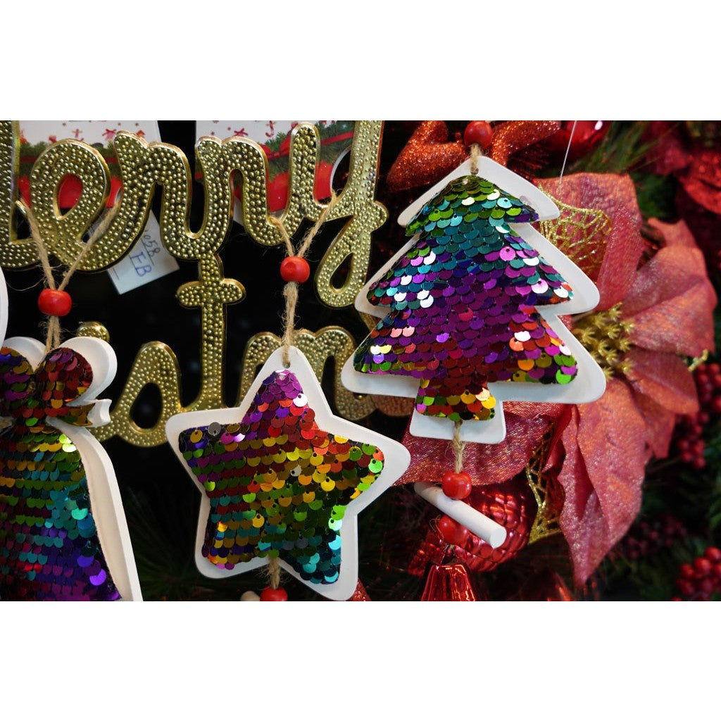 Ornament de brad pom de craciun din paiete, Vivimall, multicolor, lemn, 18 cm - vivimall.ro