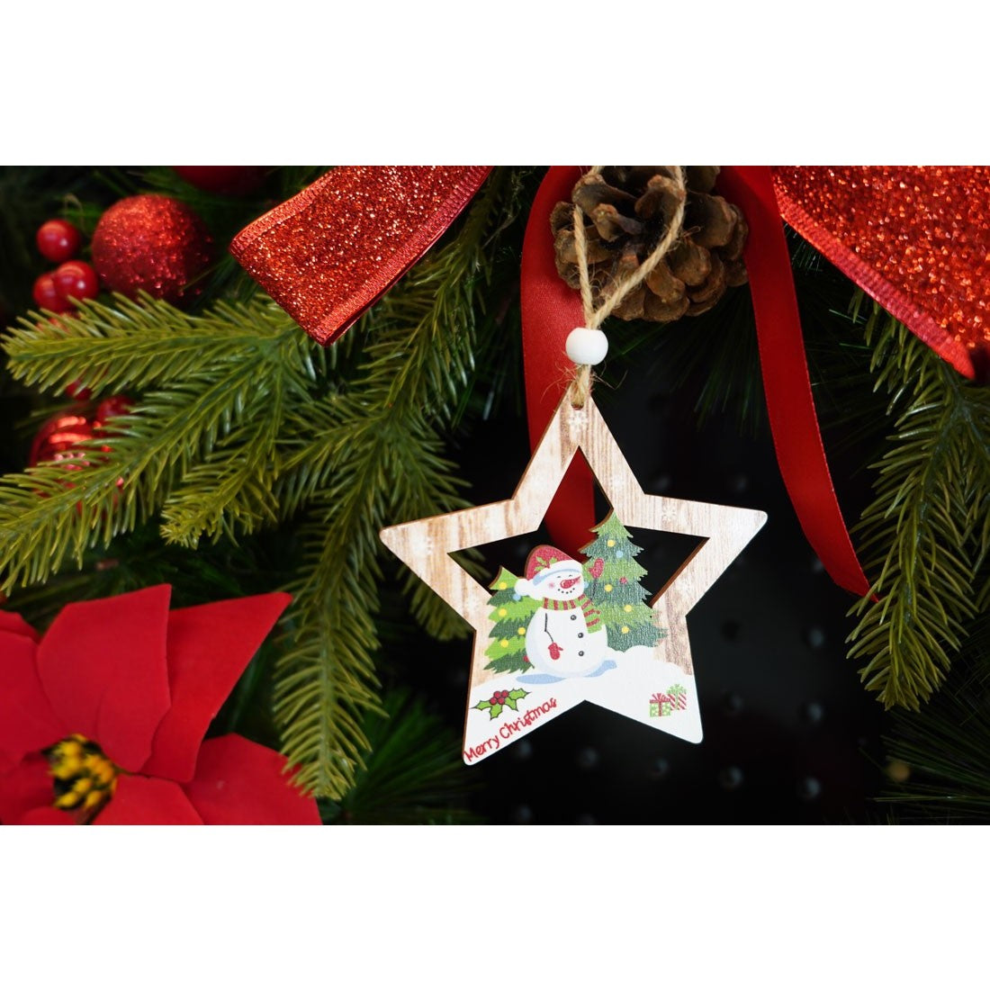 Ornament de brad stea cu om de zapada, Vivimall, multicolor, lemn, 9.9 cm - vivimall.ro