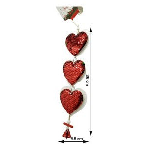 Ornament de brad trei inimi cu paiete, Vivimall, rosu, lemn, 36 cm - vivimall.ro
