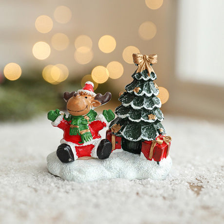 Ornament de Craciun din Rasina pentru Decor, Flippy, Model Ren cu Brad, Decoratiune de Birou pentru Craciun, 6.5 x 6.5 x 4 cm, Rosu Verde - vivimall.ro