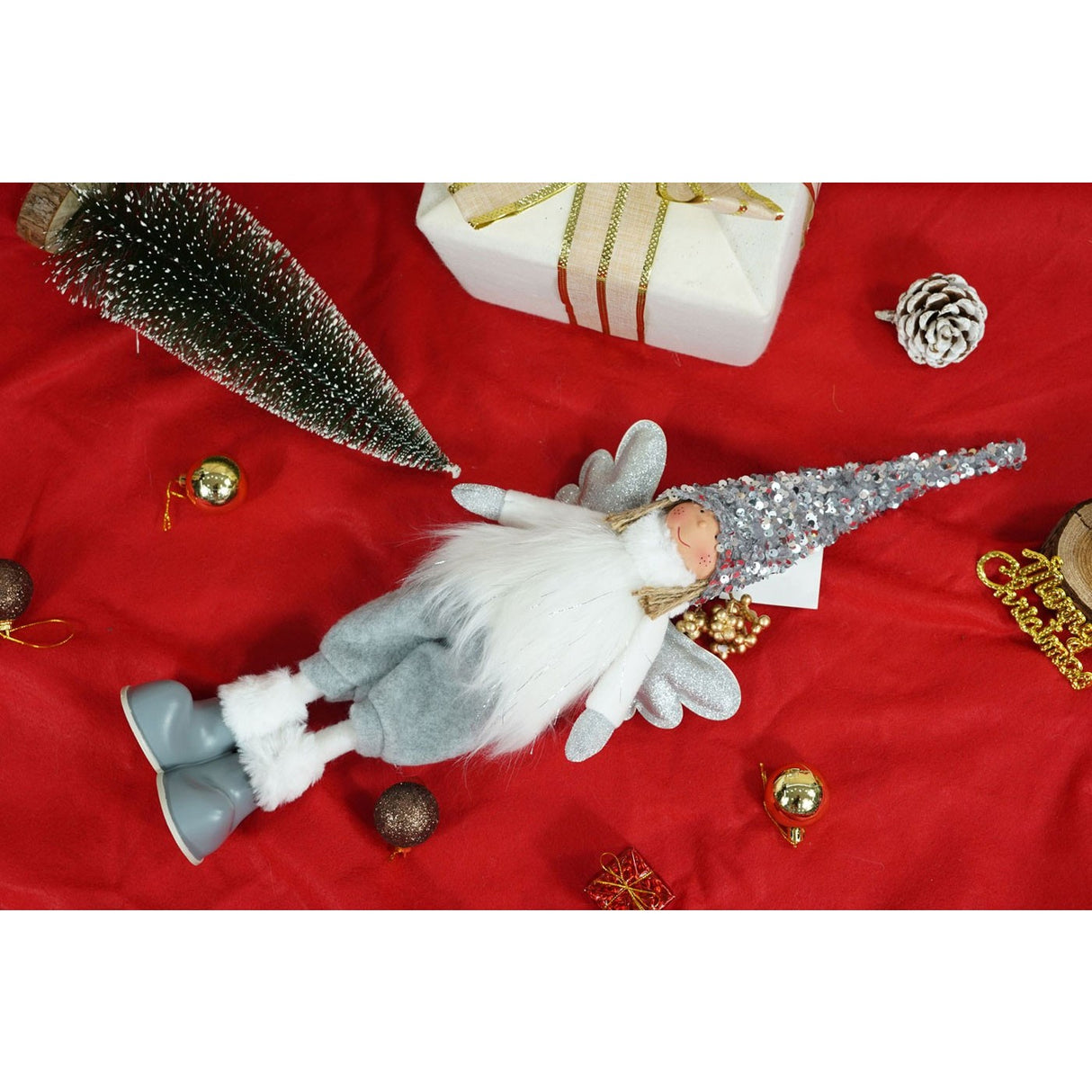 Ornament de Craciun ingeras model 2, Flippy, alb/gri, textil, 53 cm - vivimall.ro