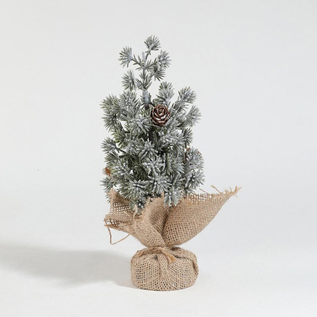 Decoratiune Craciun pentru Masa, Vivimall, Ornament de Decor Model Brad de Craciun de Dimensiuni Mici cu Fulgi Albi, pentru Birou si Interior, din Plastic Calitativ 20 cm, Verde Alb - vivimall.ro