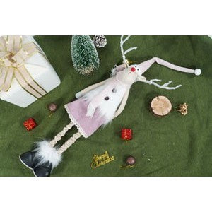 Ornament de Craciun ren cu picioare telescopice, Vivimall, roz/alb, textil, 72 cm - vivimall.ro