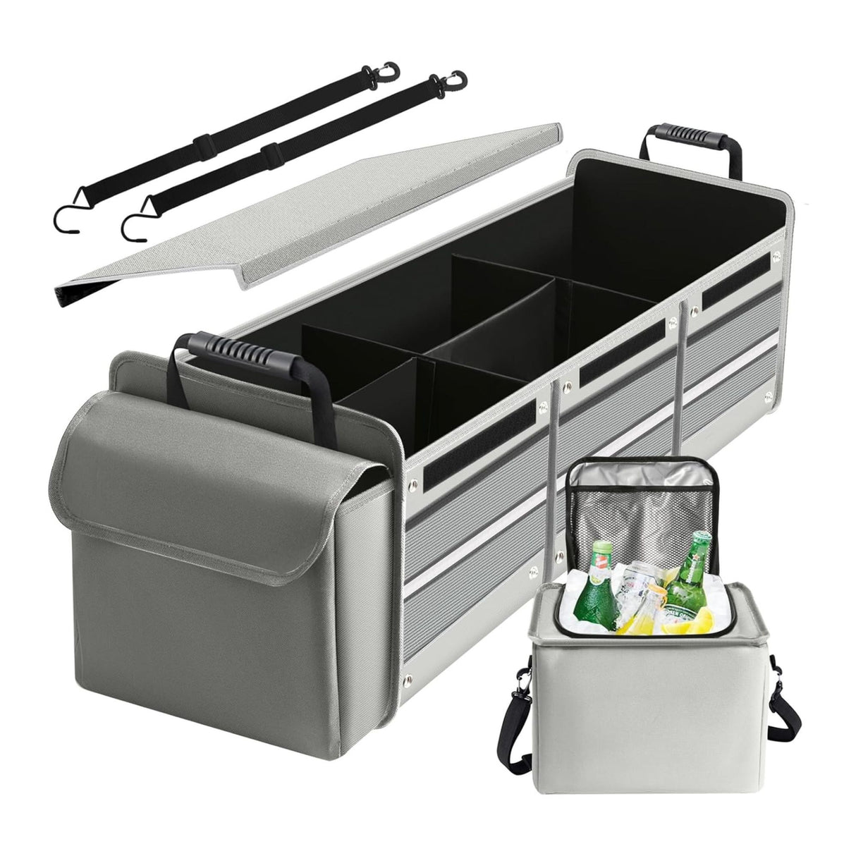 Organizator Auto pentru Portbagaj, Flippy, Model Pliabil, din Panza, cu Geanta Termoizolanta Detasabila, 3 Compartimente, Curele Ajustabile, 90 x 35 x 30 cm, Gri - vivimall.ro