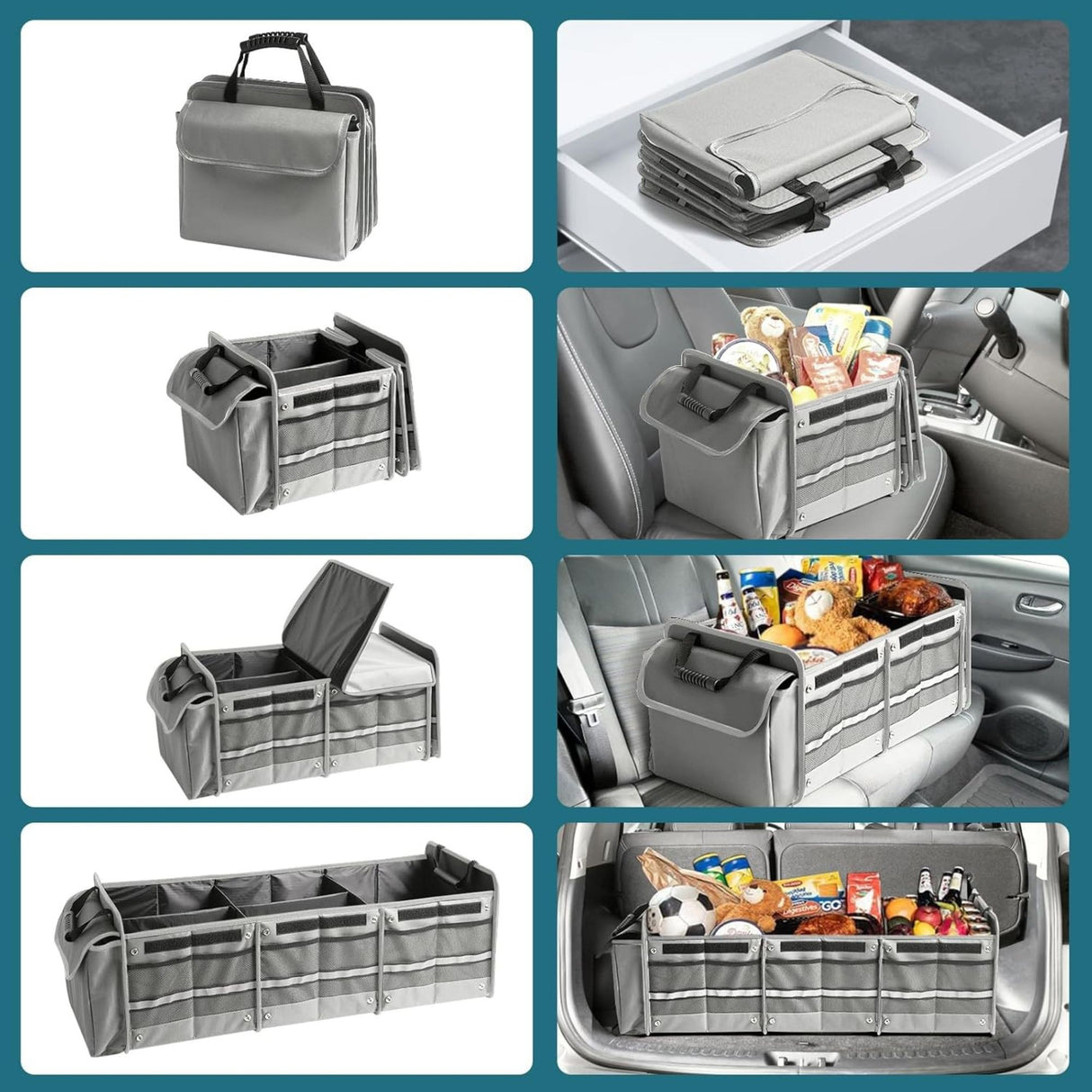 Organizator Auto pentru Portbagaj, Flippy, Model Pliabil, din Panza, cu Geanta Termoizolanta Detasabila, 3 Compartimente, Curele Ajustabile, 90 x 35 x 30 cm, Gri - vivimall.ro