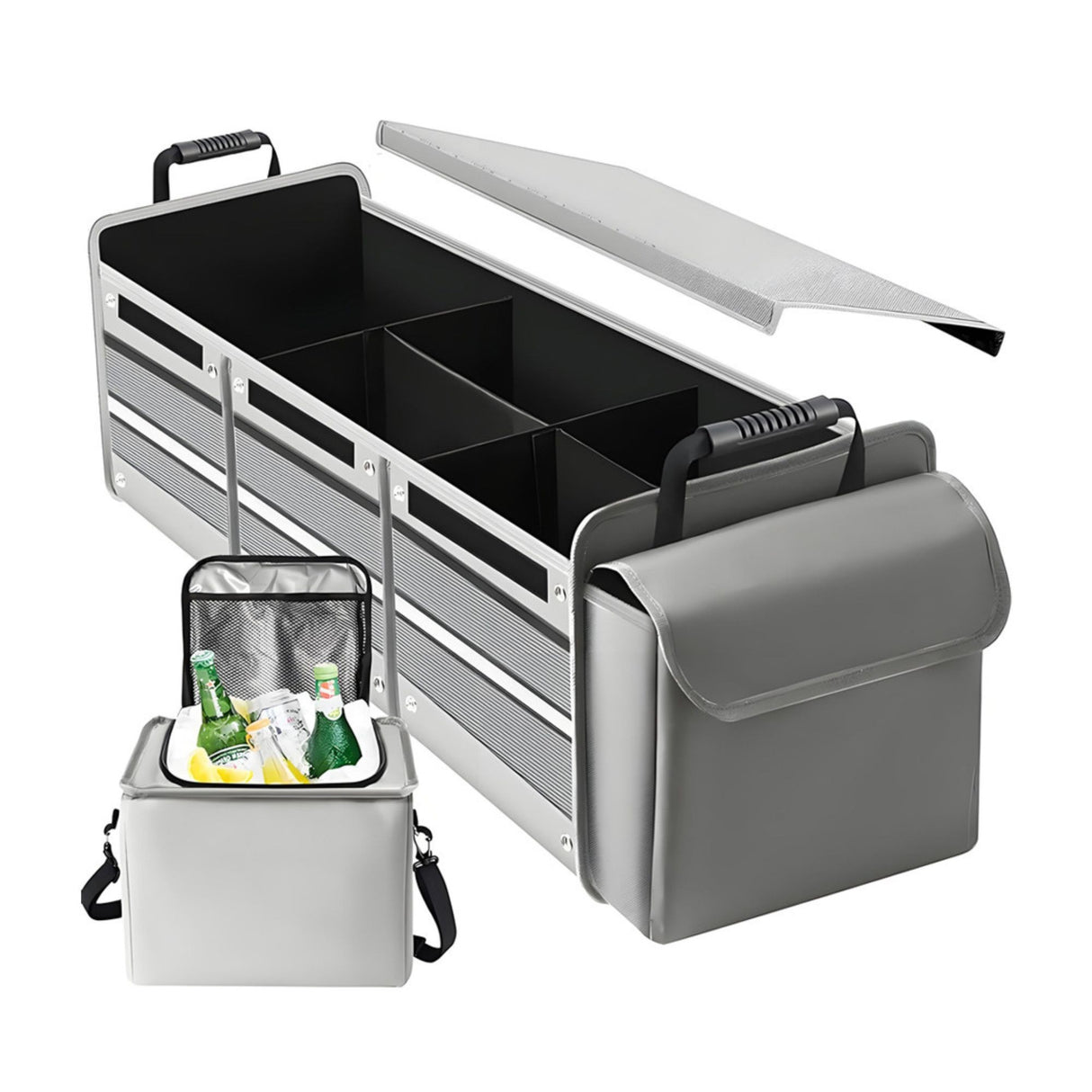 Organizator Auto pentru Portbagaj, Flippy, Model Pliabil, din Panza, cu Geanta Termoizolanta Detasabila, 3 Compartimente, Curele Ajustabile, 90 x 35 x 30 cm, Gri - vivimall.ro