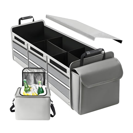 Organizator auto portbagaj Flippy pliabil din pânză, 3 compartimente, 90x35x30 cm, culoare gri, vedere frontală