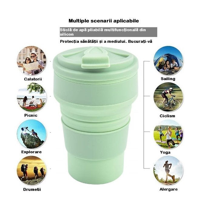 Pahar pliabil din silicon Vivimall, pentru calatorii, camping, 350 ml,  8.2x6.3x9.1 cm, verde - vivimall.ro