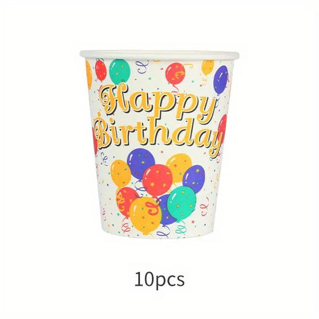 Pahare Cartonate pentru Petreceri, Vivimall, Set 10 Pahare Cartonate pentru Zile de Nastere si Aniversari, Model HAPPY BIRTHDAY, 230 ml, 8.6 x 7.5 cm, Multicolor - vivimall.ro