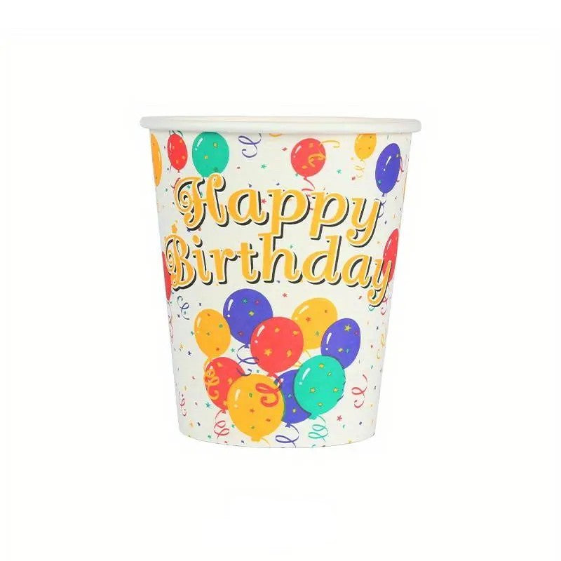 Pahare Cartonate pentru Petreceri, Vivimall, Set 10 Pahare Cartonate pentru Zile de Nastere si Aniversari, Model HAPPY BIRTHDAY, 230 ml, 8.6 x 7.5 cm, Multicolor - vivimall.ro