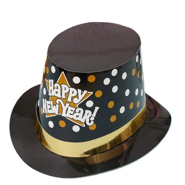 Palarie Tip Lincoln, Flippy, Model Happy New Year cu Buline, Accesoriu Petrecere de Anul Nou, Marime Universala, din Carton, Negru/Auriu - vivimall.ro