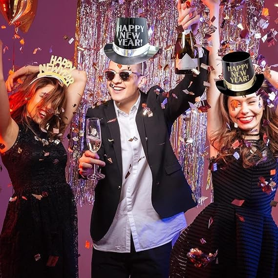 Palarie Tip Lincoln, Flippy, Model Happy New Year cu Buline, Accesoriu Petrecere de Anul Nou, Marime Universala, din Carton, Negru/Auriu - vivimall.ro