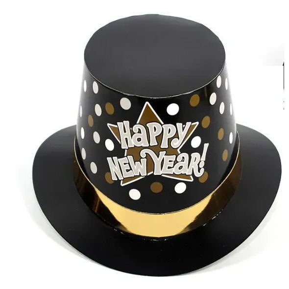 Palarie Tip Lincoln, Flippy, Model Happy New Year cu Buline, Accesoriu Petrecere de Anul Nou, Marime Universala, din Carton, Negru/Auriu - vivimall.ro