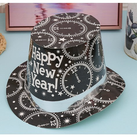 Palarie Tip Lincoln, Flippy, Model Happy New Year cu Ceasuri, Accesoriu Petrecere de Anul Nou, Marime Universala, din Carton, Negru/Argintiu - vivimall.ro