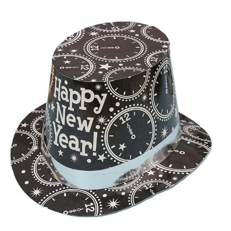 Pălărie tip Lincoln Flippy negru argintiu, model Happy New Year cu ceasuri, vedere frontală