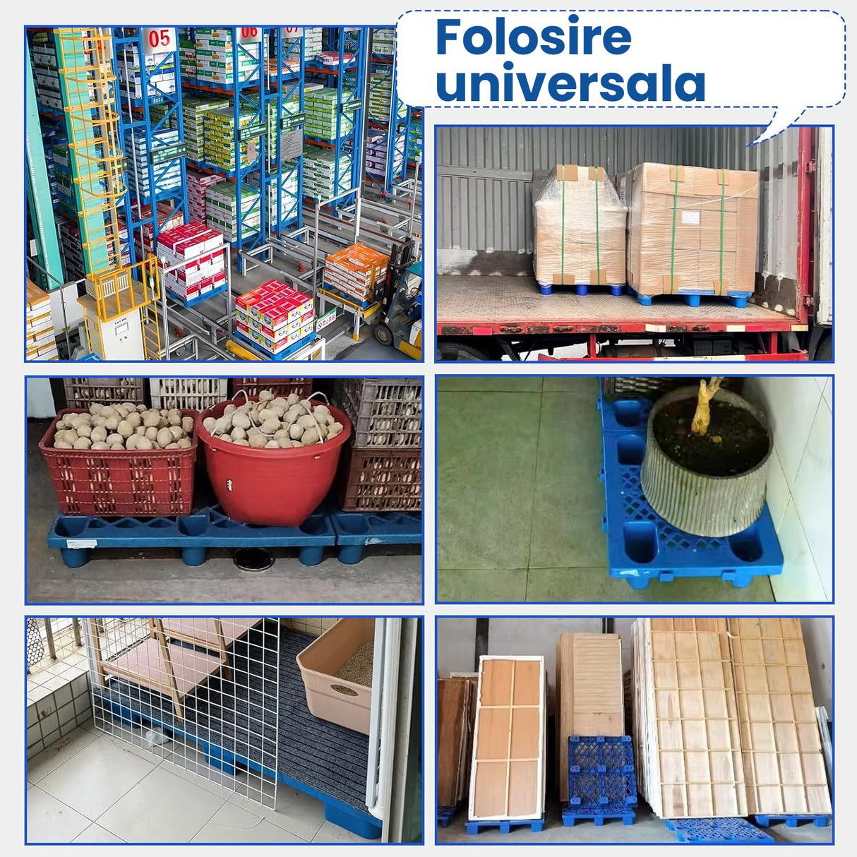 Palet de Transport, Flippy, 40 x 40 x 10 cm, din Plastic durabil, Palet pentru Stivuitor in Depozit, Rezistent la Umiditate, Grila Ingrosata, 5 Picioare, Albastru- - vivimall.ro
