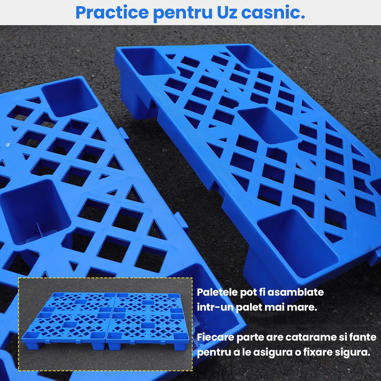 Palet de Transport, Flippy, 60 x 40 x 10 cm, din Plastic durabil, Palet pentru Stivuitor in Depozit, Rezistent la Umiditate, Grila Ingrosata, 5 Picioare, Albastru- - vivimall.ro