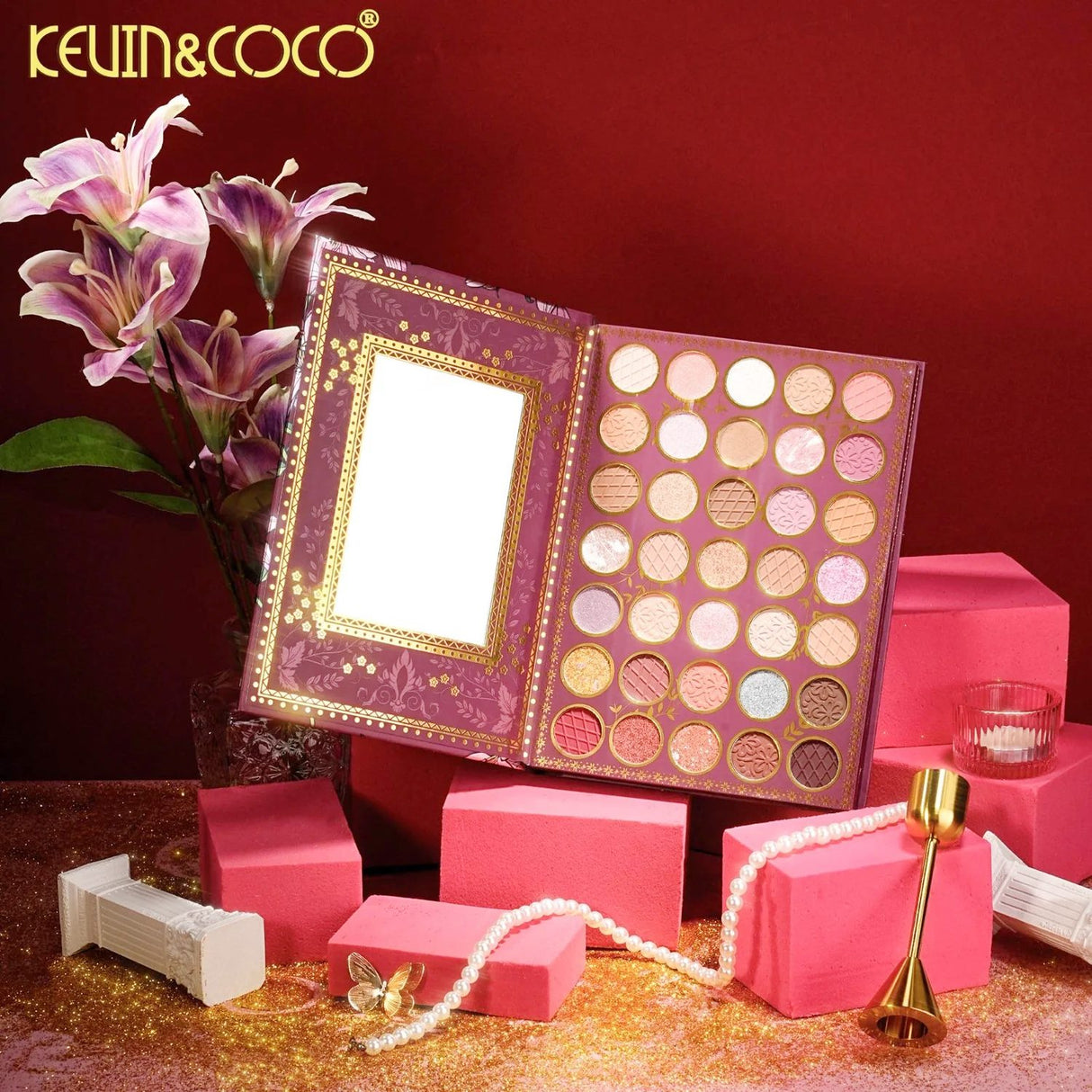 Paleta de Machiaj tip Carte, Kevin&Coco, Model Flowers, 82 Nuante, Paleta All-in-One, Farduri, Blush si Iluminatoare, 16.3x22.4x2.5 cm, Multicolor - vivimall.ro
