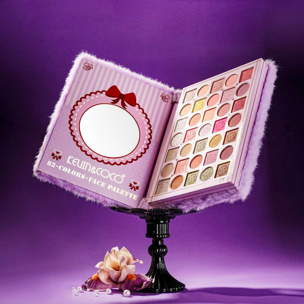 Secțiune blush și iluminatoare din paleta all-in-one Kevin&Coco Purple Plush Bow, detaliu textură
