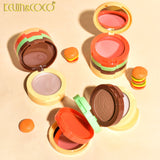 Paletă Kevin&Coco Burger deschisă, compartimente blush, iluminator, contur și pudră vizibile